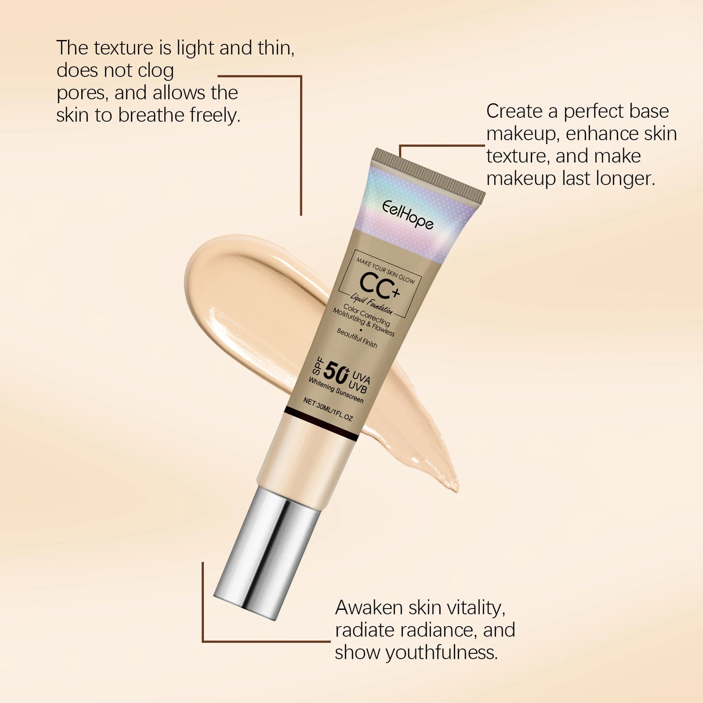 CC Cream Sunscreen Natural Concealer Lasting Waterproof FPS 50